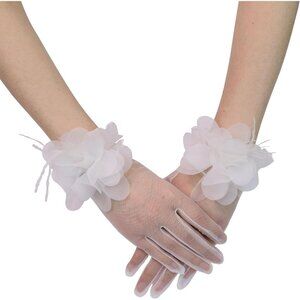 Women's Tulle Floral Short White Gloves Flower Design Tea Party Accessories
